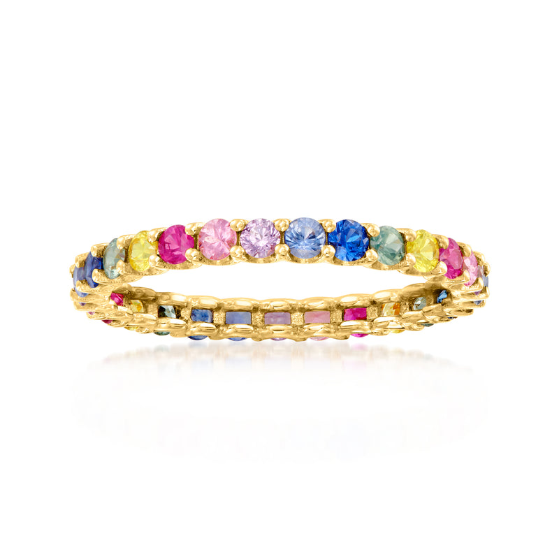 14kt yellow gold eternity band with multicolored sapphire oval stones