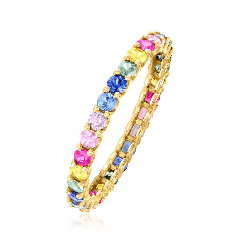 Multicolored sapphire eternity band in 14kt yellow gold, side view