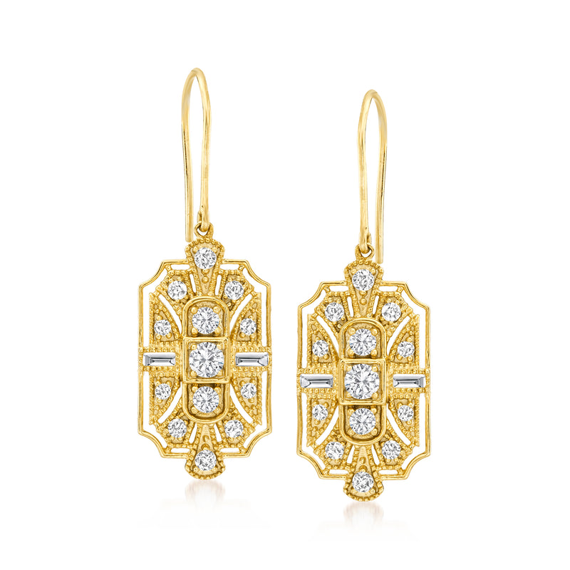 14kt yellow gold diamond openwork drop earrings, geometric openwork with earwires