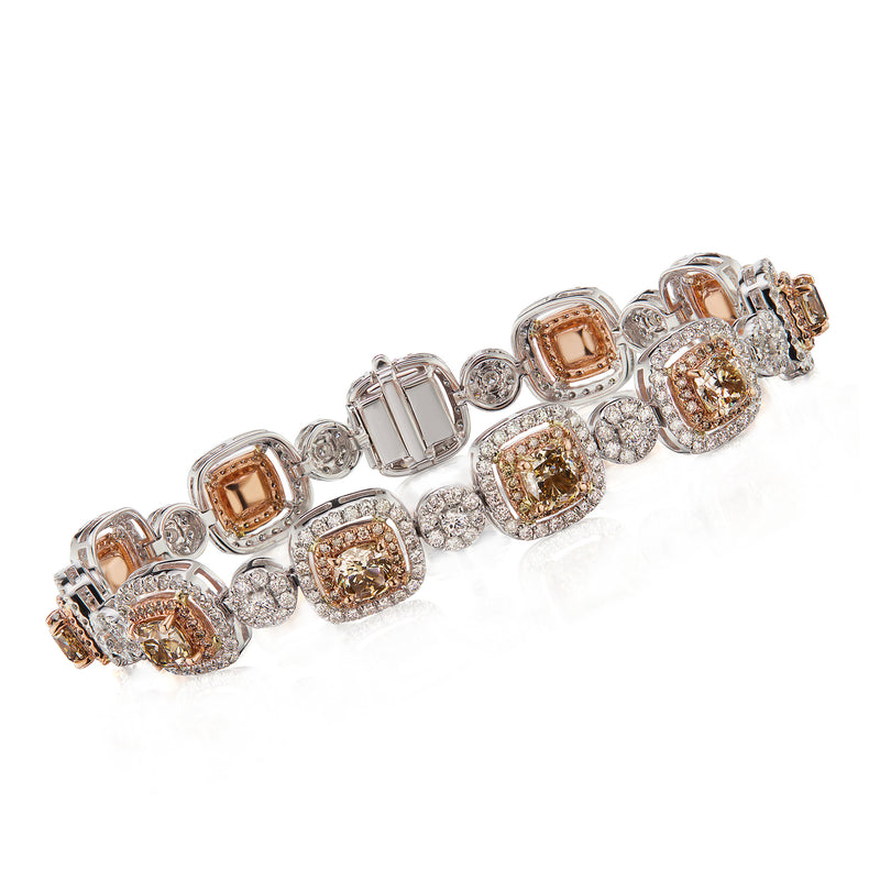 Two-tone gold diamond bracelet with brown and white square cluster links