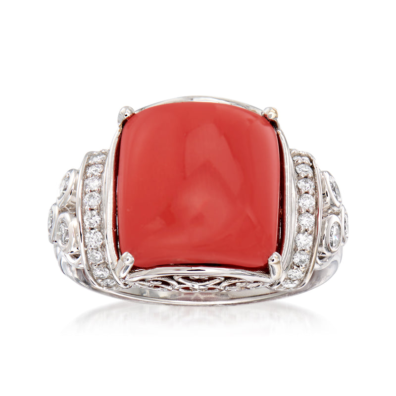 18kt white gold ring with red coral center and diamond accents
