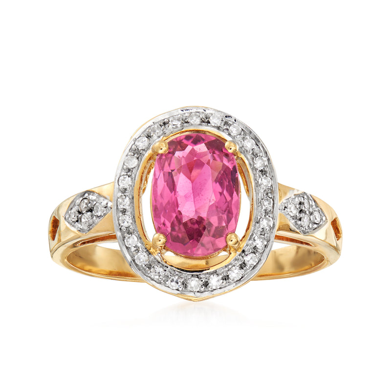 Pink tourmaline and diamond halo ring in 18kt yellow gold, oval center stone