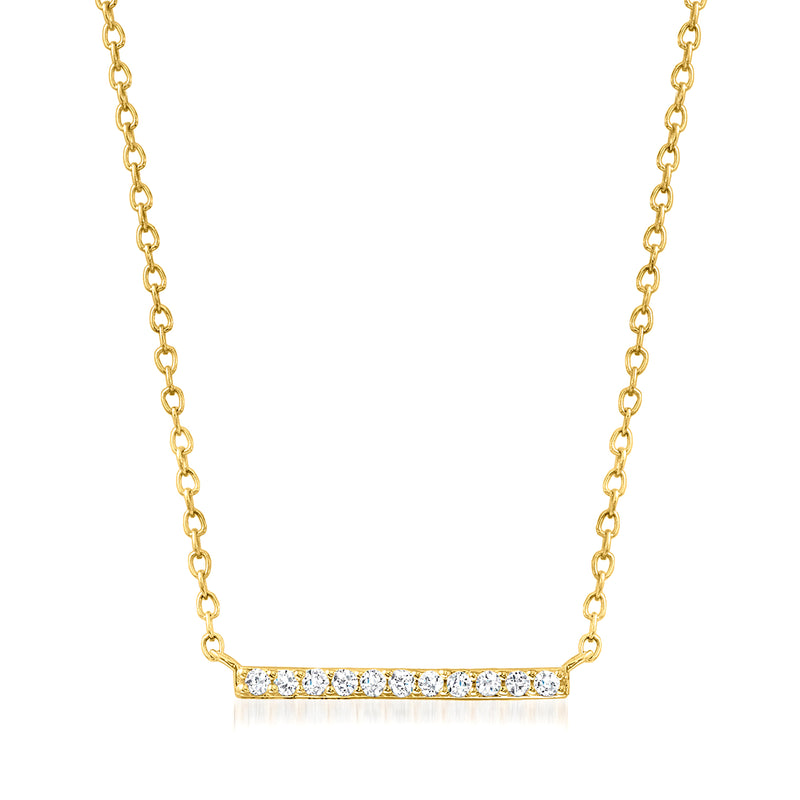 14kt yellow gold diamond bar necklace with small round diamonds on a bar