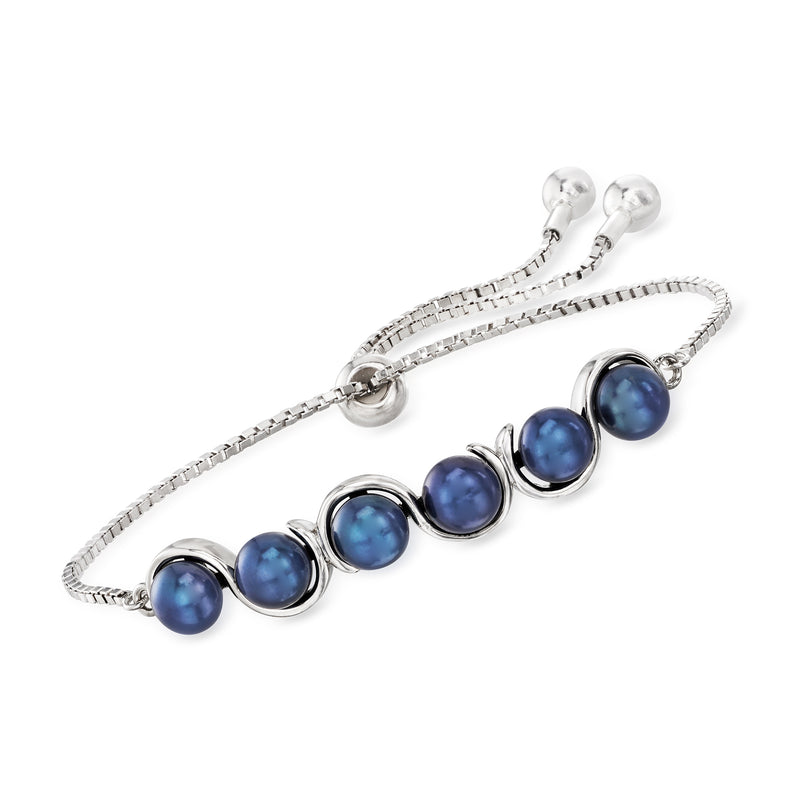 Sterling silver bolo bracelet with dark blue cultured pearls