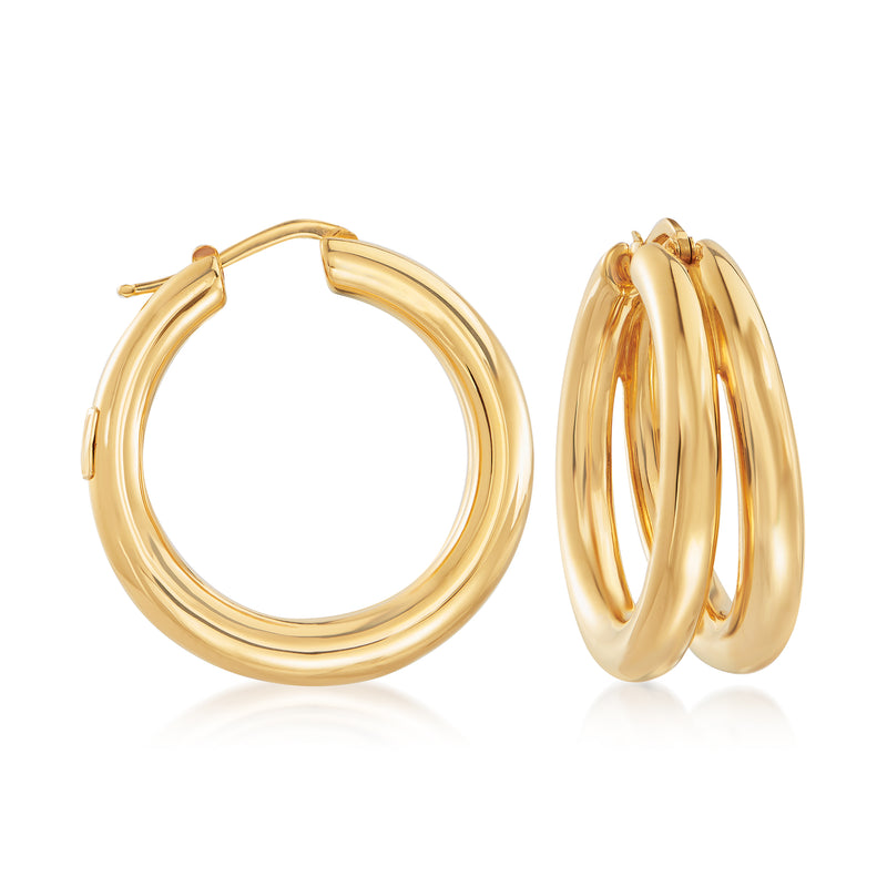 Thick double-hoop yellow gold earrings with hinged closures