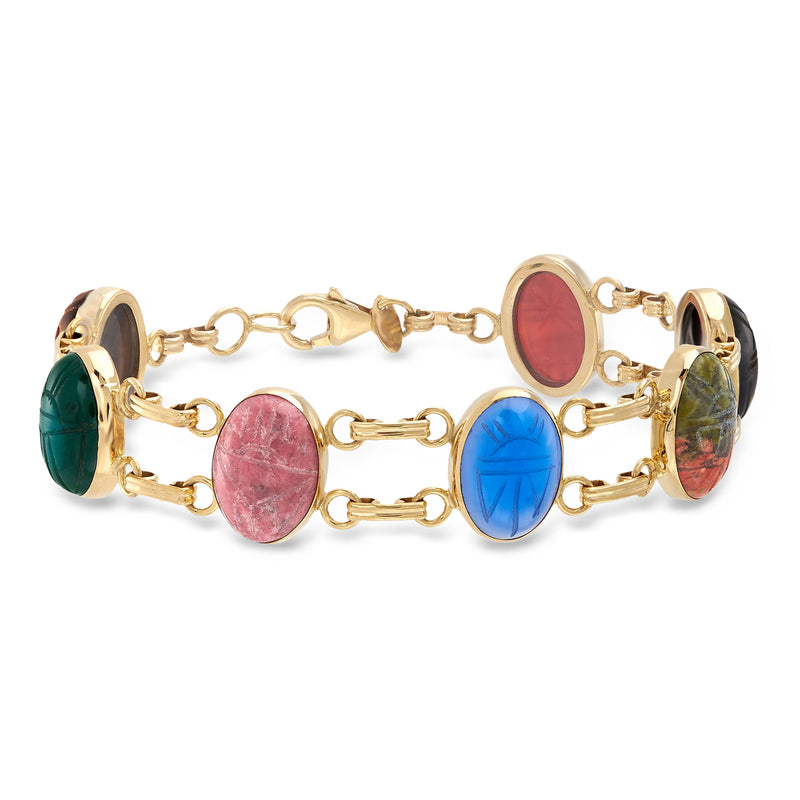 18kt gold over sterling scarab bracelet with multi-color gemstone cabochons