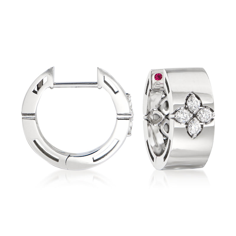 18kt white gold hoop earrings with diamond clusters and small red gemstone accent