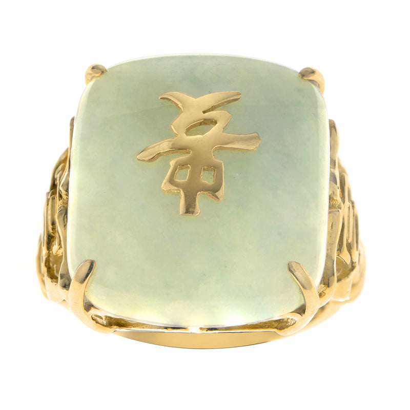 14kt yellow gold cocktail ring with light green jade cabochon and gold relief motif