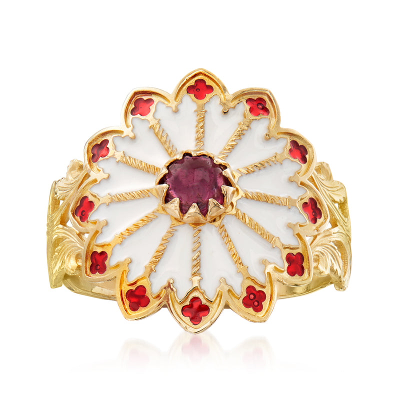 14kt yellow gold ring with oval garnet center, white enamel, red floral accents