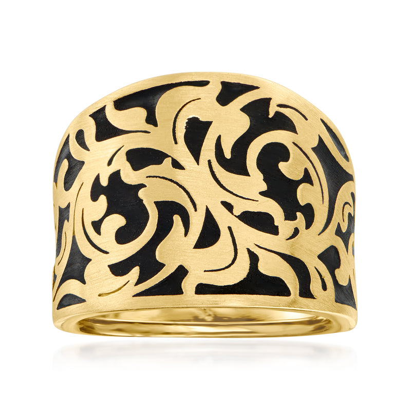 Yellow gold ring with black enamel scrollwork on the top
