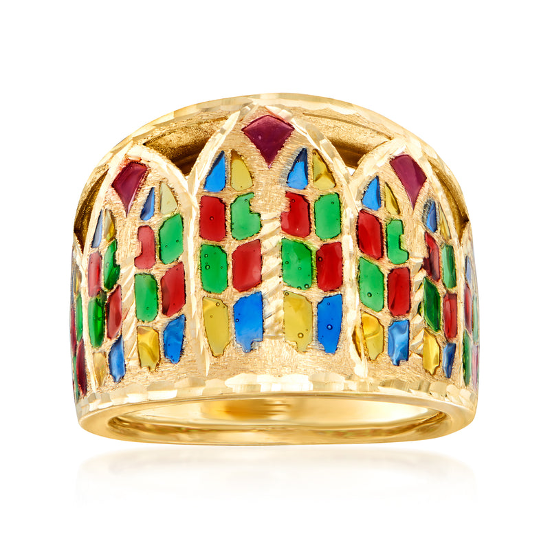 Yellow gold enamel ring with multicolor gemstone-like inlays