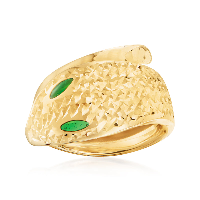 14kt yellow gold serpent bypass ring with green enamel ovals and textured finish