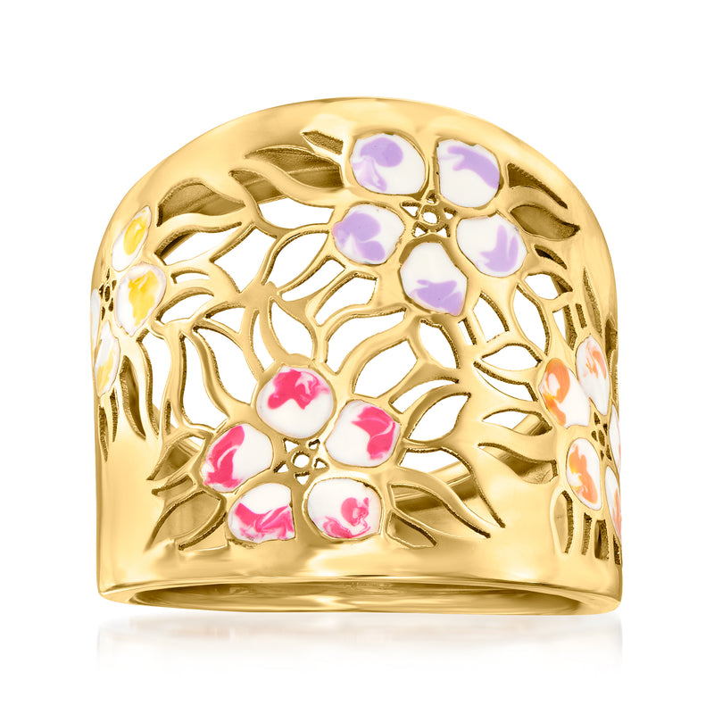 14kt yellow gold enamel flower ring with multicolored blossoms, openwork design