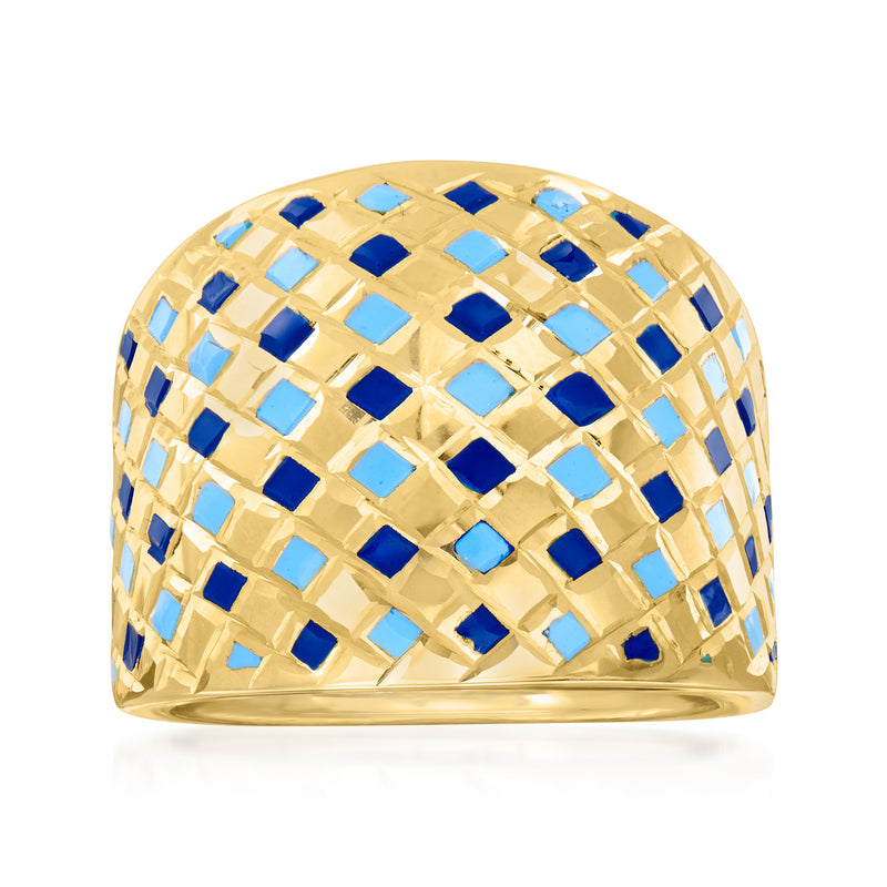 14kt yellow gold dome ring with blue enamel mosaic square pattern