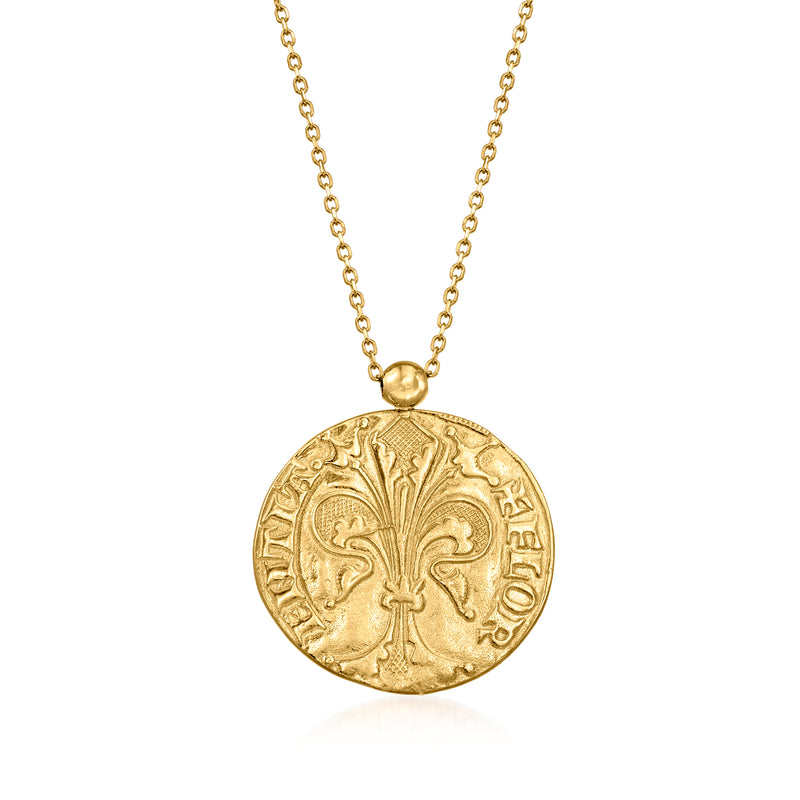 14kt yellow gold reversible pendant necklace with fleur-de-lis round medallion, gold chain