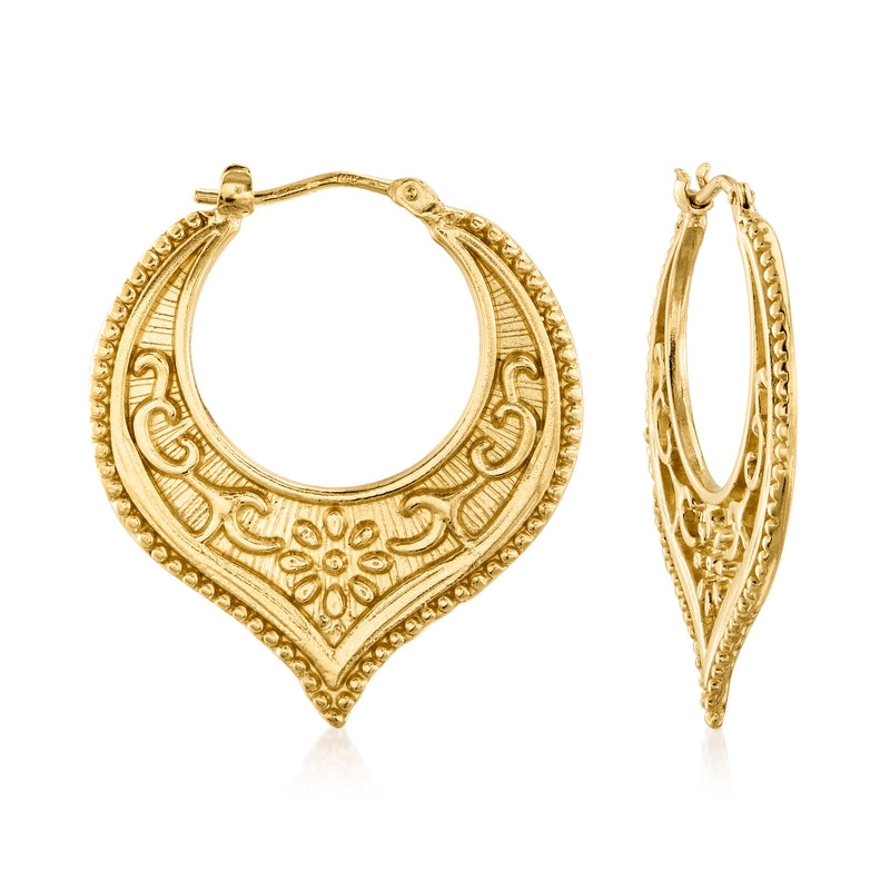 Gold over sterling hoop earrings with floral chevron detailing, ornate teardrop shape