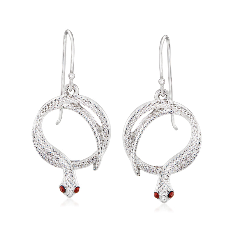 Sterling silver snake drop earrings with textured round hoop and red garnet cabochons