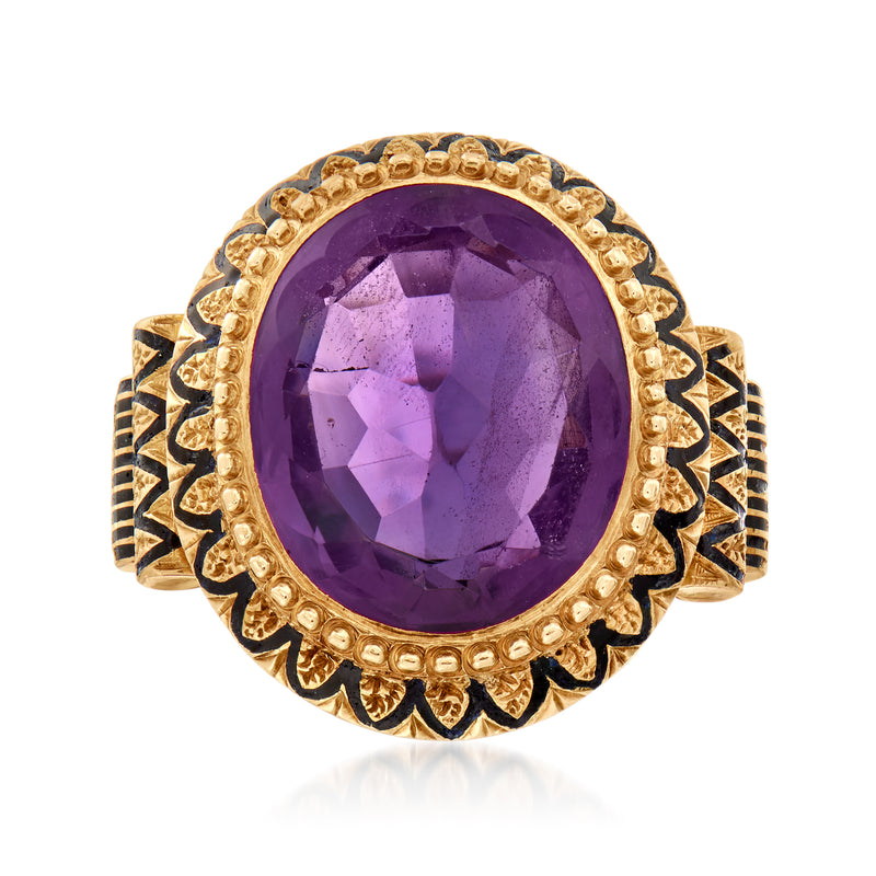 Vintage oval amethyst ring in 10kt yellow gold with black enamel sidework