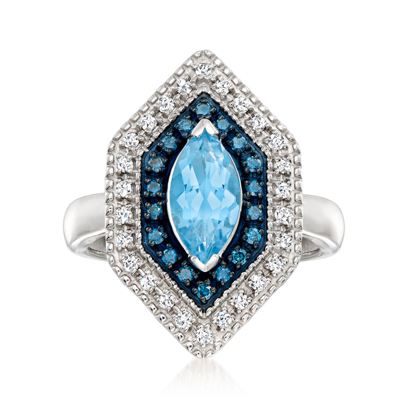 Sterling silver ring with oval sky blue topaz center and blue sapphire accents
