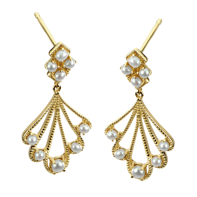 14kt yellow gold fan drop earrings with cultured pearls