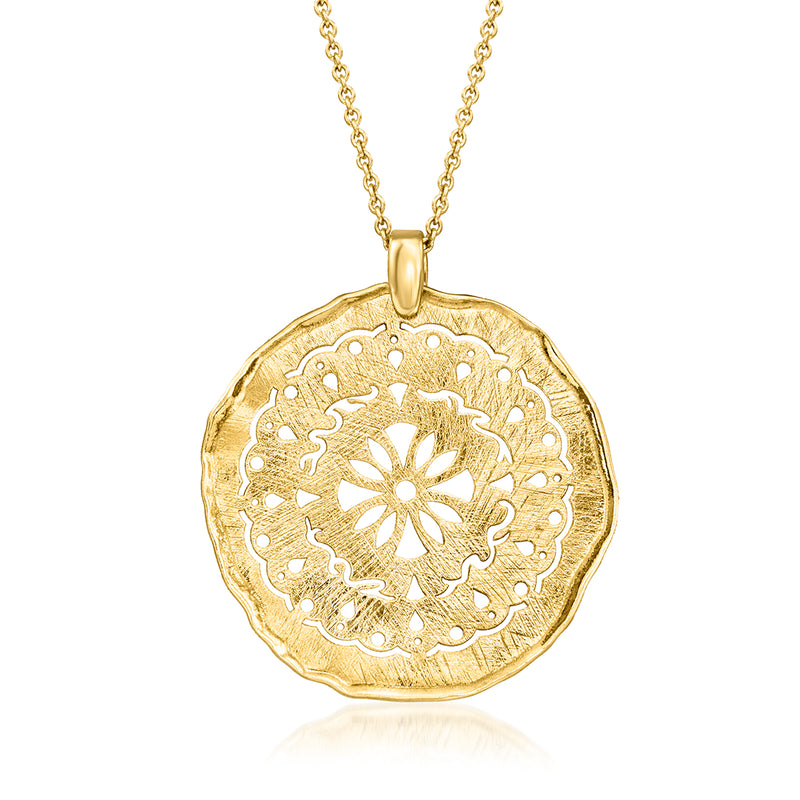 Gold over sterling filigree pendant necklace with round medallion, ornate floral center