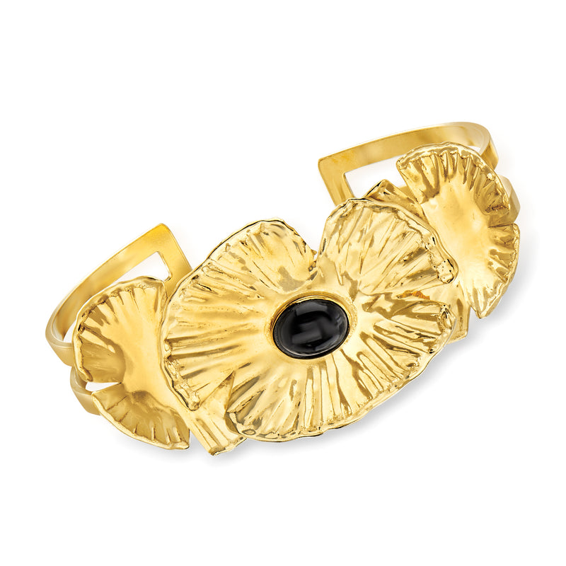 Gold over sterling cuff bracelet with textured design and black onyx center