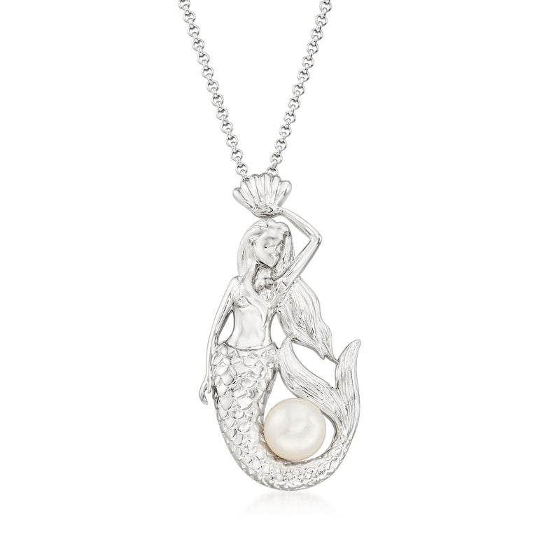 Sterling silver mermaid pendant necklace with round cultured pearl, chain