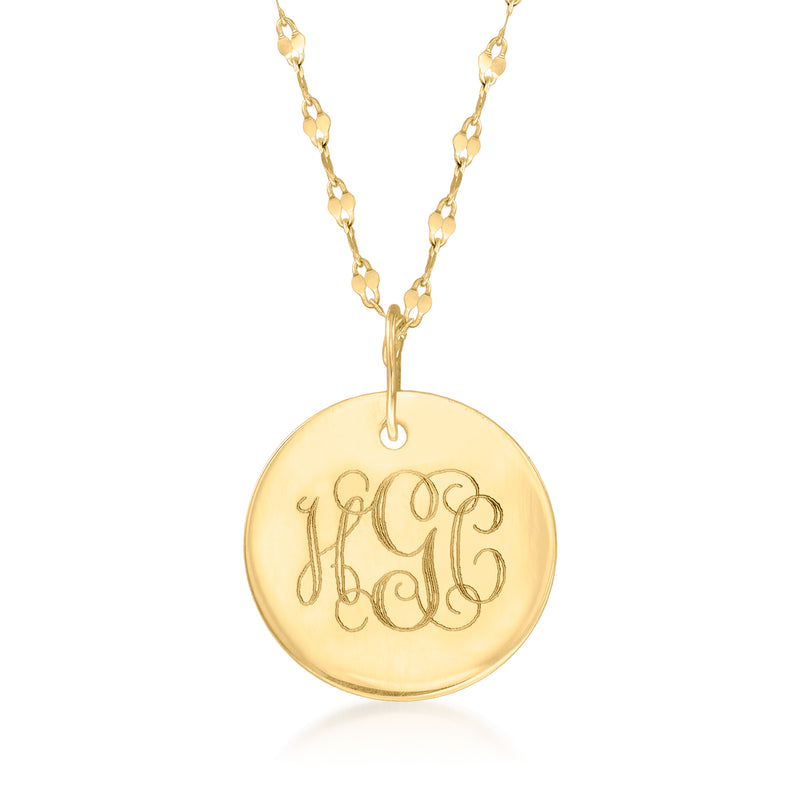 Yellow gold round disc pendant necklace with engraved monogram