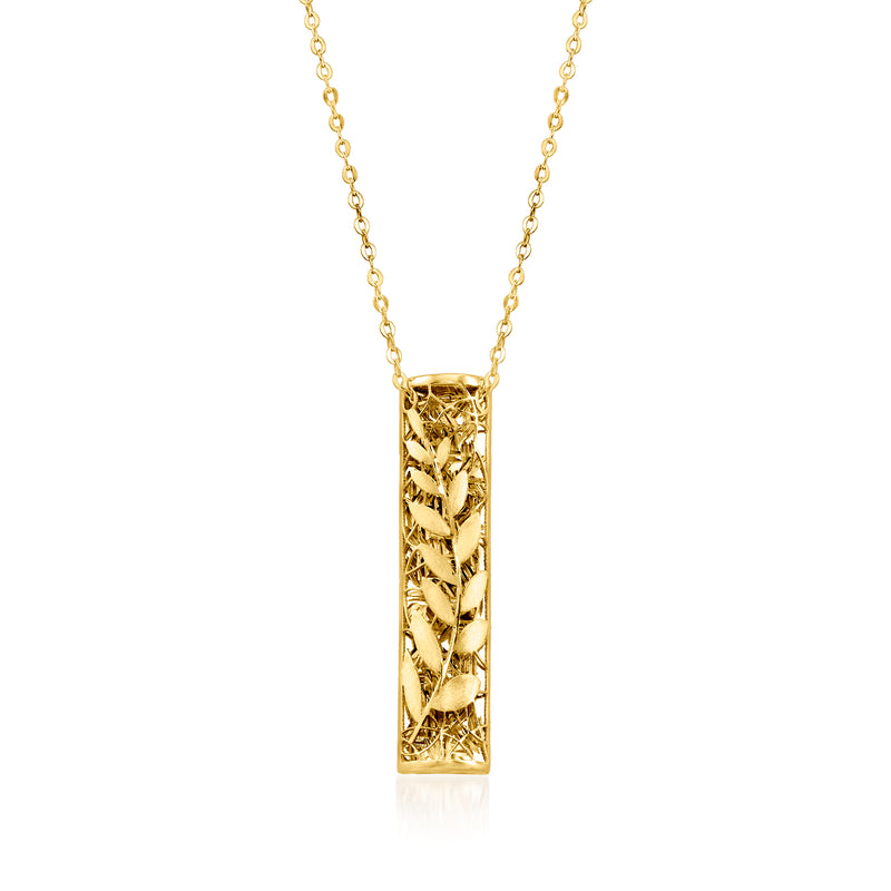 14kt yellow gold vine bar necklace with textured vine pendant and link chain