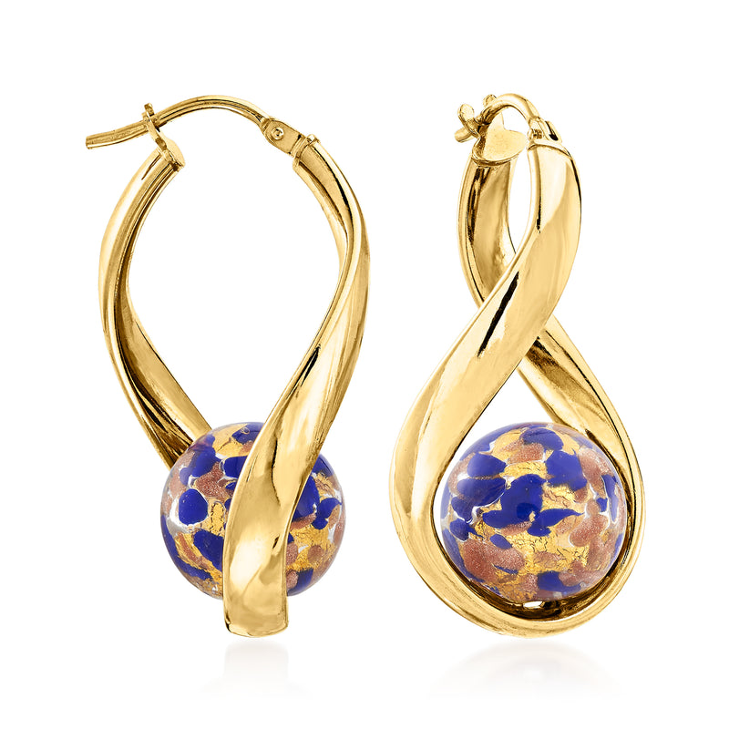 Gold hoop earrings with blue Murano glass bead, twisted ribbon design