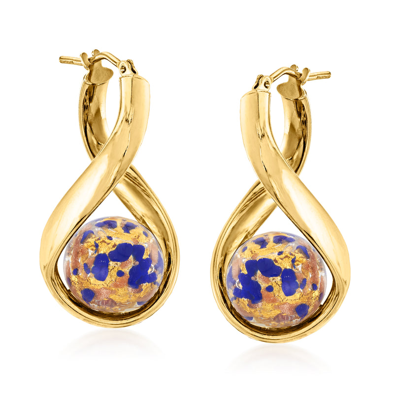 Twisted gold hoop earrings with blue Murano glass bead drop