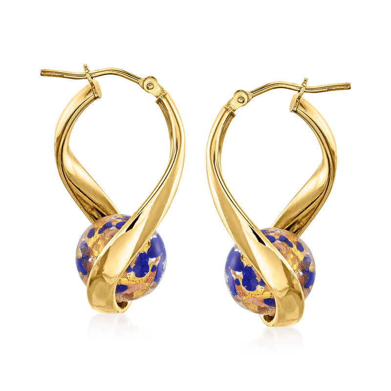 Front view twisted gold hoop earrings with blue Murano glass bead