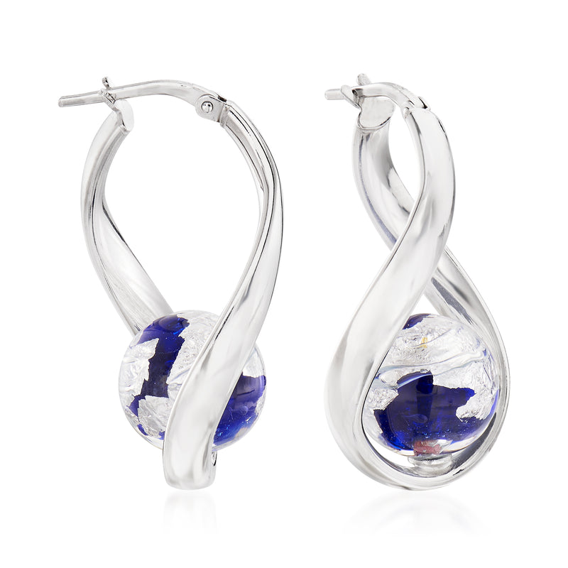 Sterling silver curved hoop earrings with blue Murano glass bead accents