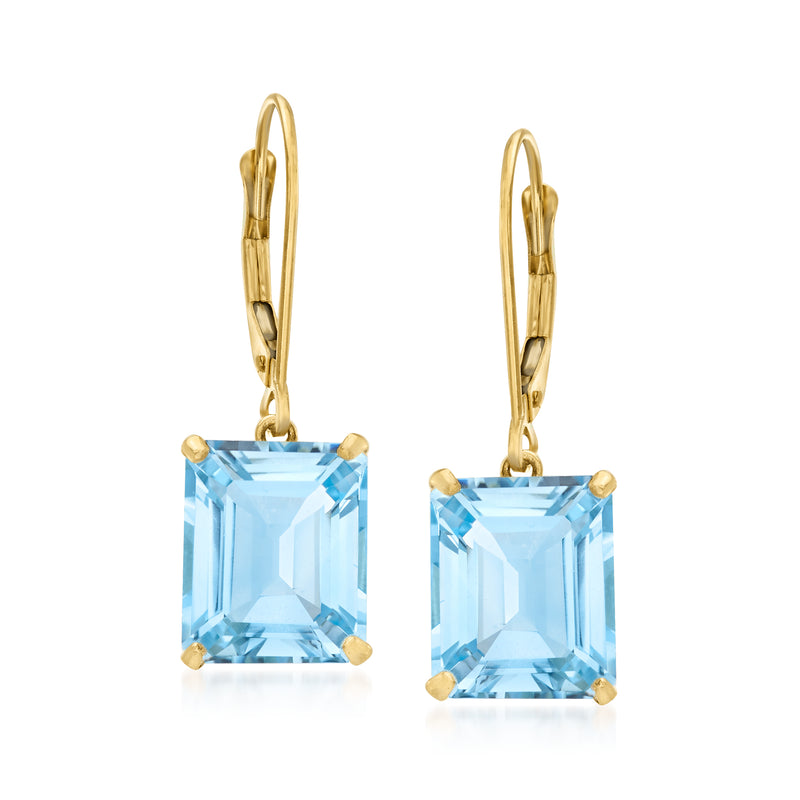 14kt yellow gold drop earrings with sky blue topaz square stones, leverback closure.