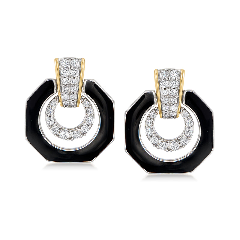 Diamond and black enamel drop earrings, yellow gold and sterling silver with diamond accents