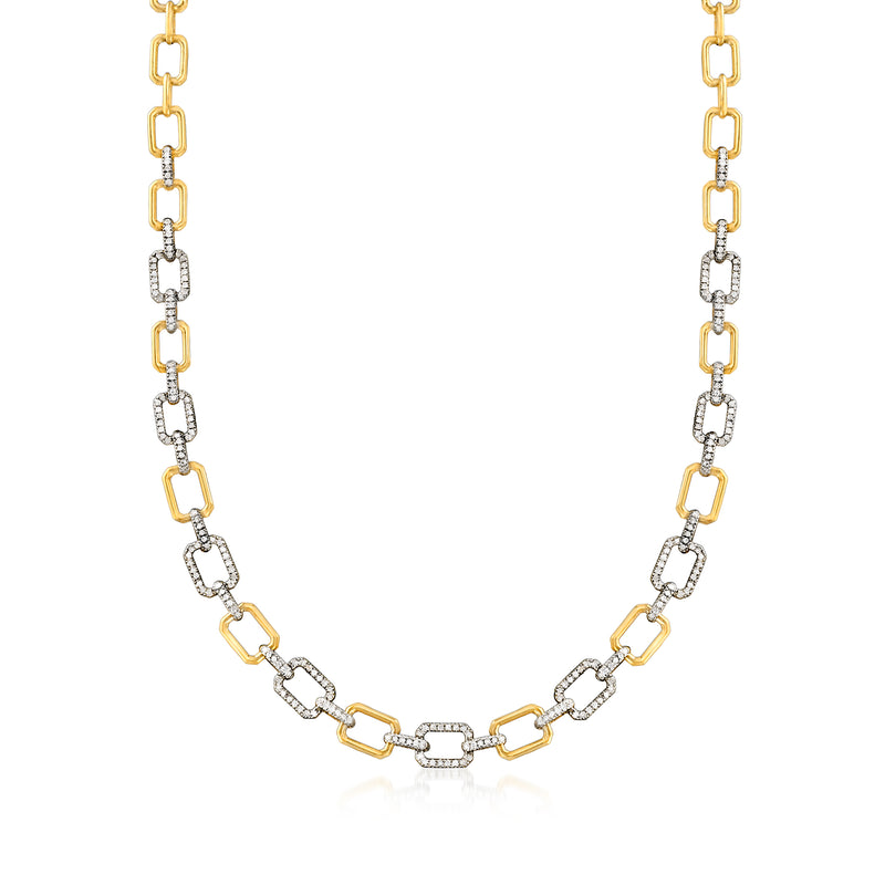 Diamond paper-clip link necklace with alternating gold and silver-toned chain links
