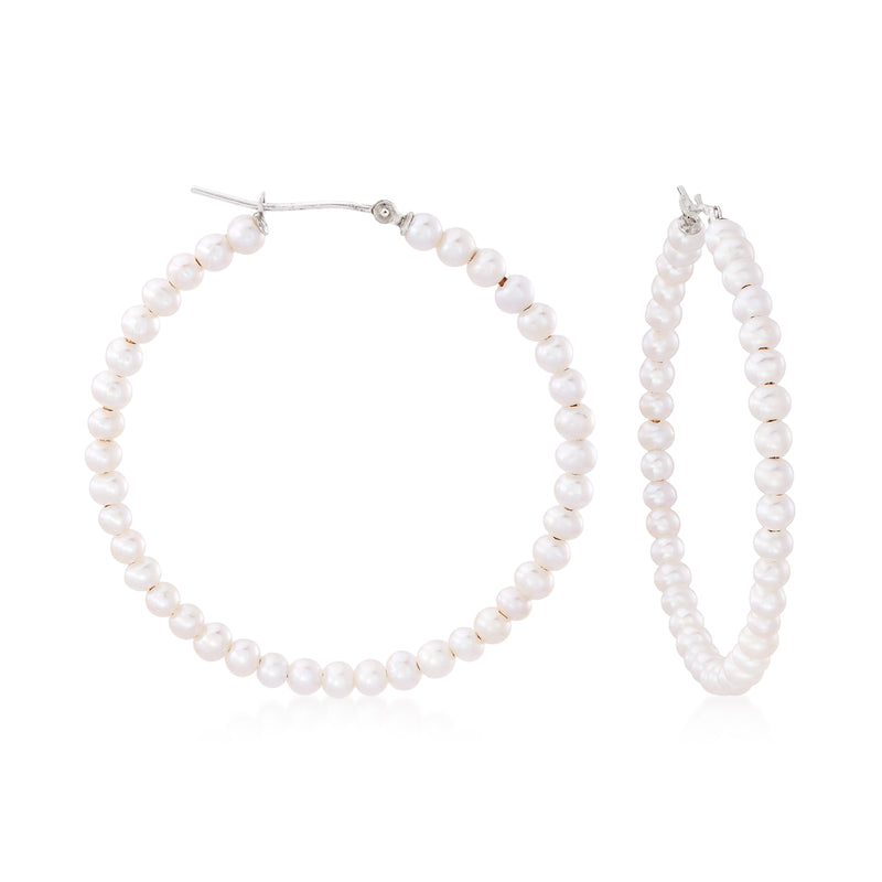Sterling silver hoop earrings with 3–4mm cultured pearl strands