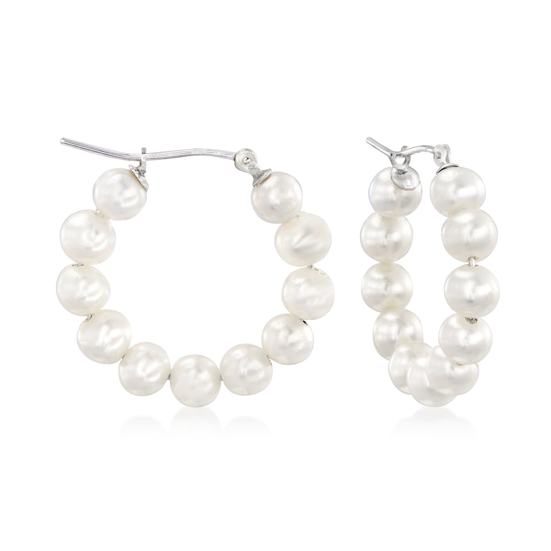 Sterling silver hoop earrings with 4–5mm cultured pearl beads, round hoop design