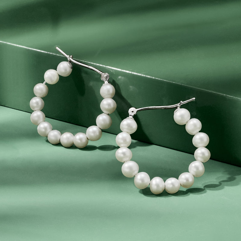 Sterling silver hoop earrings with 4–5mm cultured pearl beads, large circular hoops