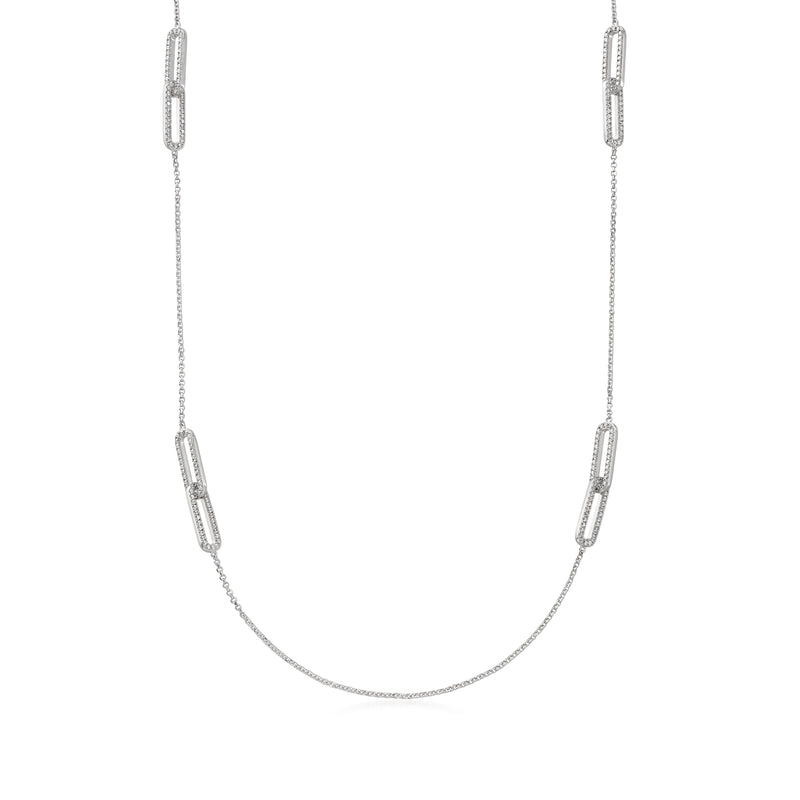 Sterling silver paper clip link necklace with CZ-studded station links