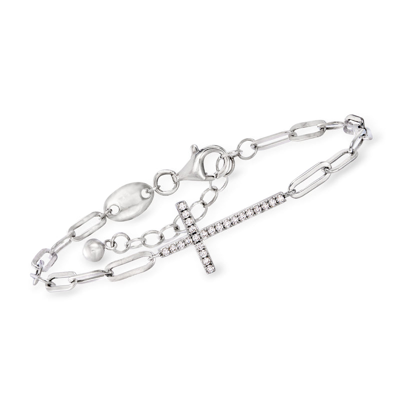 Sterling silver paperclip link bracelet with CZ-studded cross charm