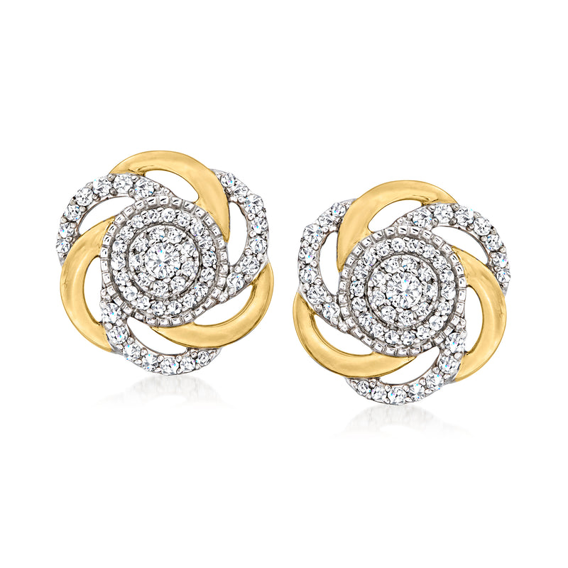 Diamond swirl stud earrings in sterling silver with 14kt yellow gold accents