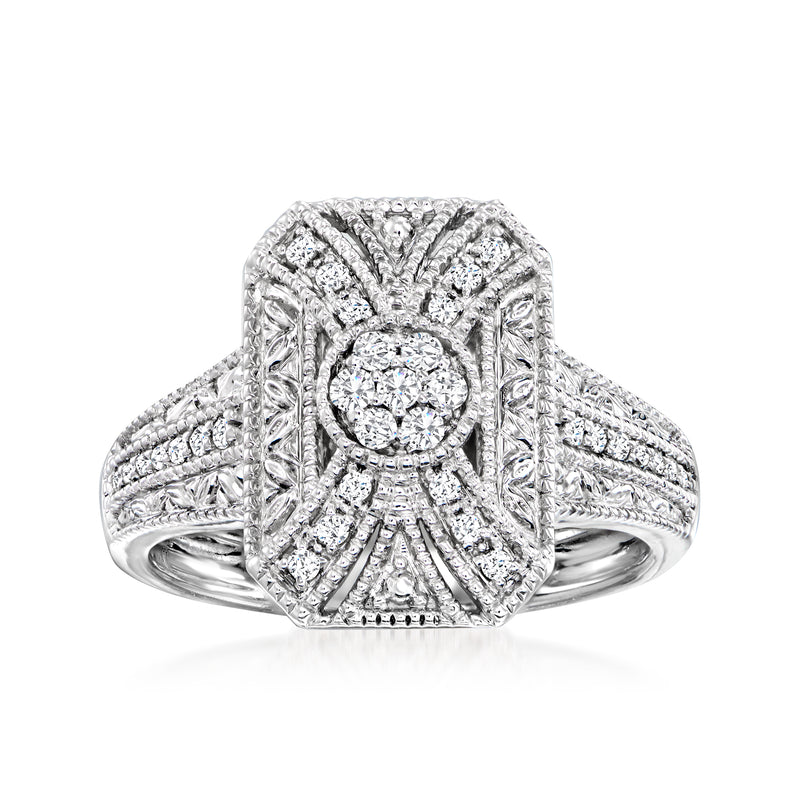 Diamond scrollwork ring in sterling silver with round center cluster