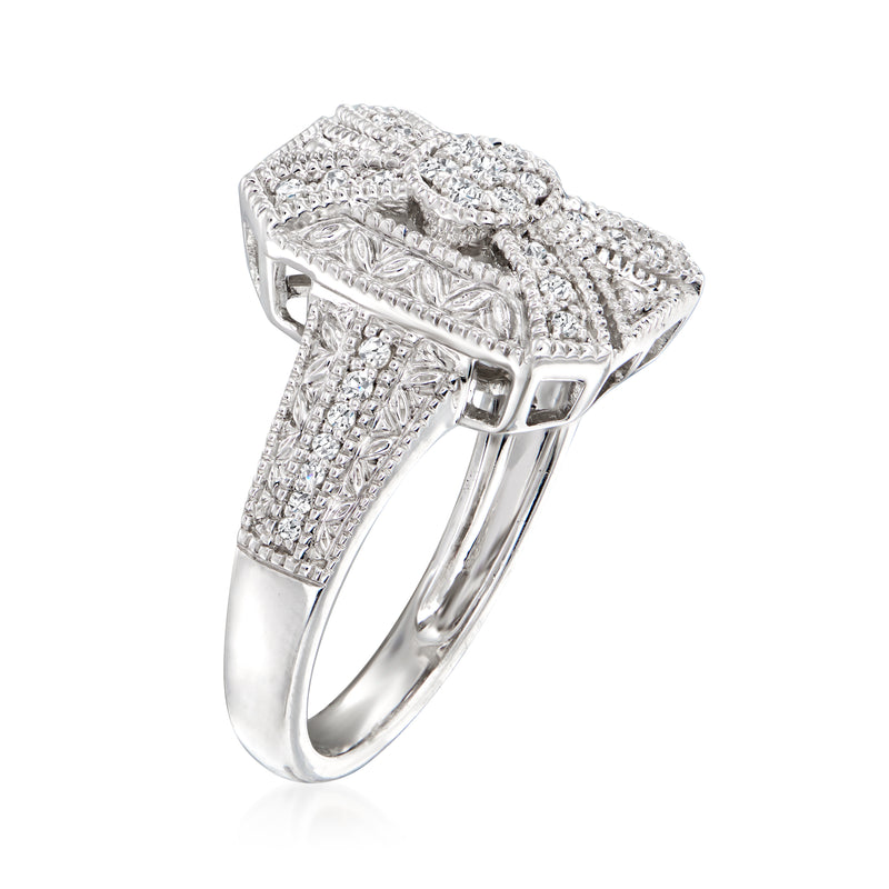 Sterling silver diamond scrollwork ring with pavé bow