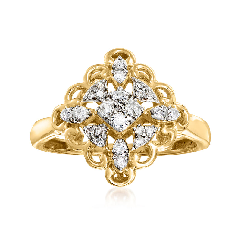 18kt gold over sterling diamond kite ring with clustered round stones and scalloped halo