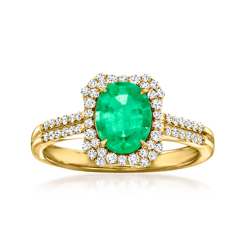 14k yellow gold emerald and diamond ring, green oval center with diamond halo