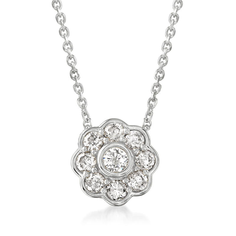 Sterling silver diamond flower necklace with round center stone and petal halo