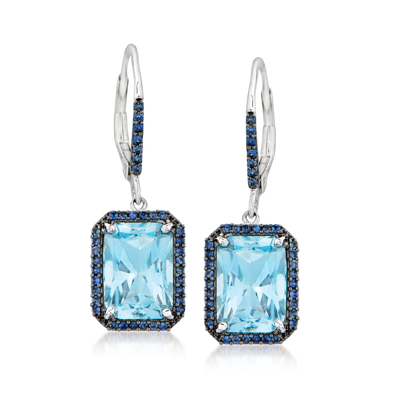 Sky blue topaz and sapphire leverback drop earrings in 14kt white gold