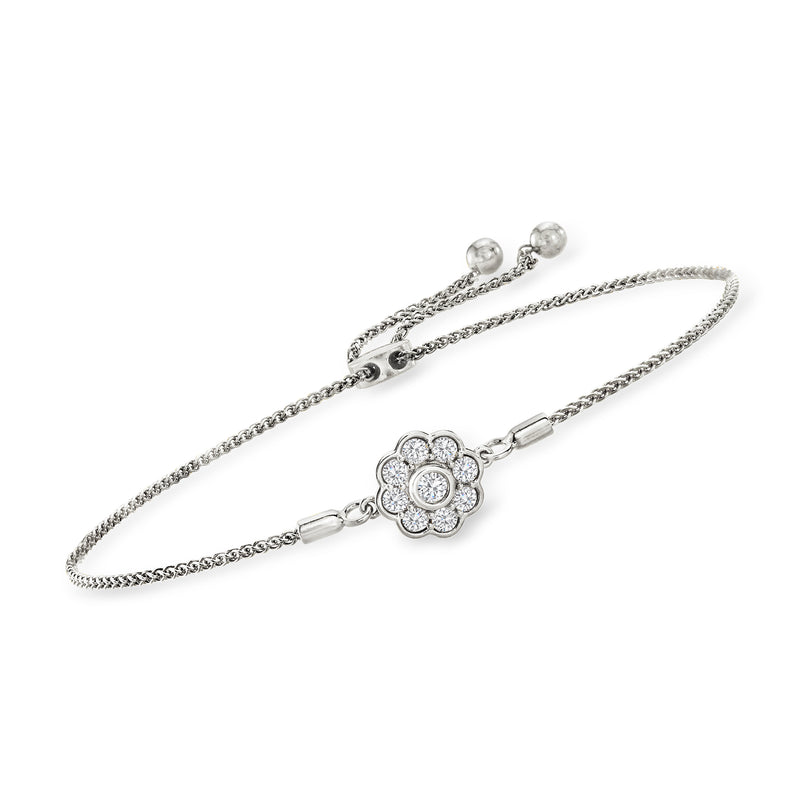 Sterling silver diamond flower bolo bracelet with two chain straps and round clasp
