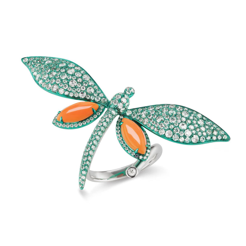 Diamond dragonfly ring with coral accents, green rhodium and white gold